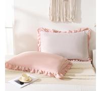 Merryword Pink Pillow Shams Beige and Pink Reversible Standard Pillowcases Cute Pillow Cover Set of 2 Soft Shabby Chic Ruffled Pillowcases 2 Pack (Queen (20''x30''), Beige Pink)