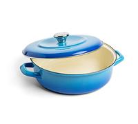 Merten & Storck German Enameled Iron, Shallow Round 26 cm/3.8 Litre Dutch Oven with Lid, Induction, Caribbean Blue