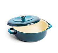 Merten & Storck German Enameled Iron, Shallow Round 26 cm/3.8 Litre Dutch Oven with Lid, Induction,Deep Blue