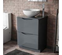 Merton 600mm Grey Bathroom Freestanding Vanity Unit & Round Ceramic Countertop