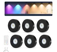 MERTTURM Rechargeable LED Cupboard Light, USB Wireless RGB Puck Light, Battery Operated Shelf Display Cabinet Dimmable Stick on Wall Light with Remote Control/Timer for Wardrobe/Kitchen-6 Pack(Black)