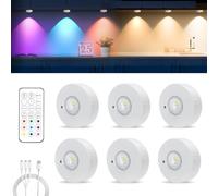 MERTTURM Rechargeable LED Cupboard Light, USB Wireless RGB Puck Light, Battery Operated Shelf Display Cabinet Dimmable Stick on Wall Light with Remote Control/Timer for Wardrobe/Kitchen-6 Pack