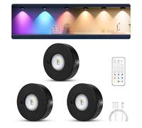 MERTTURM Rechargeable LED Cupboard Light, USB Wireless RGB Puck Light, Battery Operated Shelf Display Cabinet Dimmable Stick on Wall Light with Remote Control/Timer for Wardrobe/Kitchen-3 Pack(Black)
