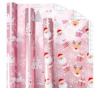 Merture 3 Rolls Christmas Wrapping Paper Roll Set - 17 Inch X 120 Inch per Roll - Pink Metallic Gift Wrap with Reindeer, Christmas Tree, Snowflake for Winter