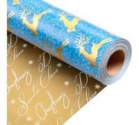 Merture Reversible Blue Christmas Wrapping Paper Roll with Reindeer - 17 In X 32.8 Ft (46.5 sqft.ttl.)