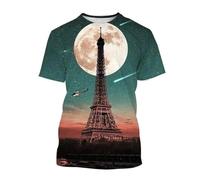 MERVOS French-style Eiffel Tower pattern T-shirt for men and women, summer casual round-neck short-sleeve top