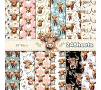 MerwDeeyt 24 Sheets Highland Cow Scrapbook Paper 12x12 Inch Double Sided