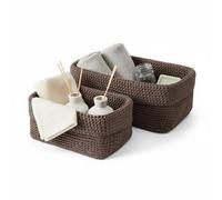 MerwDeeyt 2Pcs Brown Rectangle Storage Basket Fabric Basket Bins Woven Storage Baskets Foldable Crochet Baskets Cotton Rope Organiser for Kitchen Bathroom Home Decor-2 Sizes