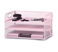 MerwDeeyt Pink 3 Tier Letter Paper Tray Mesh Desk Organizer with Handle Stackable Letter Filing Tray Landscape Document Holder for Office Stationery and Printer Paper Storage