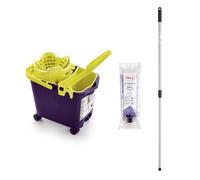 Mery Bucket Set with Mop and Stick, Automatic Drainer Bucket with Wheels and Multi-Purpose Bucket Purple and Lime, 14 L, Absorbent Microfibre Mop, Universal Thread, Telescopic Stick in Plasticized