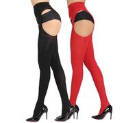 MERYLURE 2 Pack Suspender Tights for Women Semi Opaque Garter Belt Control Top Pantyhose Thigh High Stockings, Black+red, 3XL