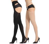MERYLURE 2 Pack Suspender Tights for Women Semi Opaque Garter Belt Control Top Pantyhose Thigh High Stockings, Black+tan, M