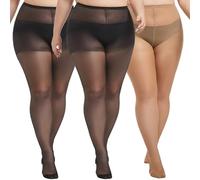 MERYLURE 3 Pairs Plus Size Sheer Tights for Women, 20D Ultra Thin High Waist Control Top Pantyhose with Reinforced Toes, 2 Pair Black+1 Pair Tan, 3X-Large-4X-Large