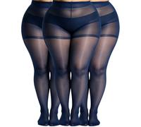 MERYLURE 3 Pairs Plus Size Sheer Tights for Women, 20D Ultra Thin High Waist Control Top Pantyhose with Reinforced Toes, Navy-3pcs, 3X-Large-4X-Large