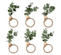 Merzio 6 Pcs Rustic Eucalyptus Napkin Rings Set, Farmhouse Boho Green Leaf Wood Bead Napkin Holder for Spring Fall Thanksgiving Christmas Easter Wedding Family Banquet and Table Decor