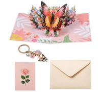 Merzio Butterfly and Flowers Pop Up Birthday Cards with Key Ring, Handmade Greeting Card for Mum Wife Daughter Sister and Friend with Envelope and Note Card