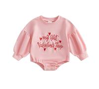 Mesalynch My First Valentine's Day Baby Girl Clothes Newborn Infant Girls Embroidered Letter Romper Puff Sleeve Bodysuit Valentine Heart Outfit (Pink, 12-18 Months)