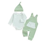 Mesalynch Newborn Boy Clothes Long Sleeve Striped Romper with Cute Overalls and Hat Infant Boys 3Pcs Fall Outfit Tiny Baby Clothing Sets Casual Waffled Playsuit (Green, 9-12 Months)