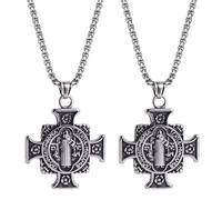 MESARCH 2Pcs Catholic San Benito Medalla Exorcism Cross Necklace St Benedict Medals Necklace for Men Women Religious Jewelry Gifts 24“ Stainless Steel Chain, L, Zinc Stainless Steel, No Gemstone