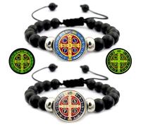 MESARCH 2Pcs Glow in The Dark Catholic Medalla de San Benito Bracelet Black Rosary Bracelet Adjustable Drawstring Religious Gifts for Men Women Couples Jewelry, One Size, Glass Resin Stone, no