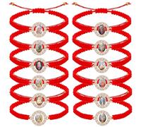 MESARCH 6Pcs/12Pcs Rhinestone Virgen de Guadalupe Bracelet Handmade Adjustable Red Rope Religion Protection Bracelet for Women Friendship Prayer Bracelet, One Size, Nylon, Rhinestone