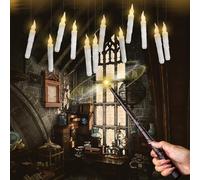 Meschett Floating Candles with Wand Remote,12 Pcs Magic Hanging Flickering Flameless Candles,Warm Light Taper LED Candles Christmas Decor,Battery Operated Window Candle Set for Halloween Decorations