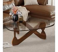 MESCXTY Coffee Tables for Living Room-Triangle Glass Table with Irregular Wooden Base End Table,Mid-Century Modern Abstract Table,for Study Room Office Hotel Balcony(44.9in, Walnut-transparent)