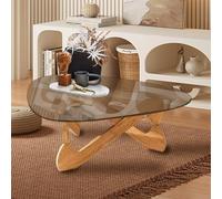 MESCXTY Coffee Tables for Living Room-Triangle Glass Table with Irregular Wooden Base End Table,Mid-Century Modern Abstract Table,for Study Room Office Hotel Balcony(44.9in, Wood-Brown)