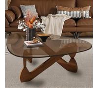 MESCXTY Coffee Tables for Living Room-Triangle Glass Table with Irregular Wooden Base End Table,Mid-Century Modern Abstract Table,for Study Room Office Hotel Balcony(44.9in, Walnut-Brown)