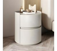 MESCXTY Modern Faux Leather Round Nightstand with 2 Drawers, Light Wood Tone Bedside Table Cream Style Small Apartment Bedroom Cabinet Off-White 1 Piece 16" L x W 20" H