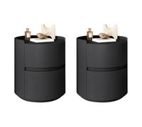 MESCXTY Modern Faux Leather Round Nightstand with 2 Drawers, Light Wood Tone Bedside Table Cream Style Small Apartment Bedroom Cabinet Black Pieces Set 16" L x W 20" H