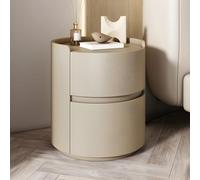 MESCXTY Modern Faux Leather Round Nightstand with 2 Drawers, Light Wood Tone Bedside Table Cream Style Small Apartment Bedroom Cabinet Khaki 1 Piece 16" L x W 20" H