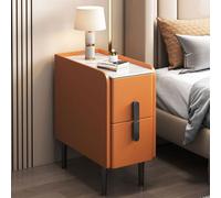 MESCXTY Modern Pu Leather Nightstand with Marble Tabletop, Narrow Bedside Table Luxury Side End 2 Drawers & Metal Legs, Storage Cabinet for Bedrooms(30x40x50cm(12x16x20inch), Orange)