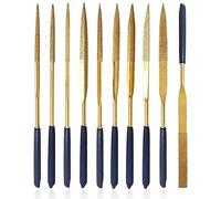 Mesee 10 Pieces Titanium Coated Diamond File Set, 3x140mm Mini Needle Files Tools with Soft Rubber Handles Assorted Shapes Riffler Files for Metal Glass Ceramic Jewelry Filing Carving