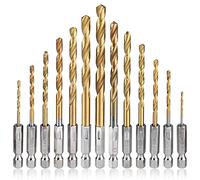 Mesee 13 Pieces Titanium Coated HSS Twist Drill Bits, High Speed Steel Drill Bit Set 1/4 Inch Hex Shank Quick Change Woodworking Drilling Tool - 1.5mm-6.5mm