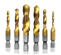 Mesee 6 Pieces HSS Countersink Tap Drill Bits, Titanium Coated Combination Drill & Tap Bit Set Hex Shank Spiral Pointed Taps Drill Bit -Metric Size M3 M4 M5 M6 M8 M10