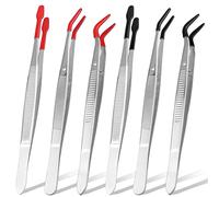 Mesee 6 Pieces Stainless Steel Tweezers with Rubber Tips, PVC Coated Flat Tip Tweezers Large Bent & Small Elbow Tweezers Tool Set for Lab Hobby Jewelry Stamps Beads DIY Craft (Black & Red)