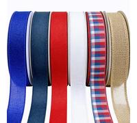 Meseey Patriotic Burlap Ribbon, Red White Blue Plaid for Wreaths, Crafts, Bow, Gift Wrapping, Party Decoration (Red/White/Royal/Navy/rwbplaid/Linen, 1.5 inch)