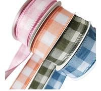 Meseey Wired Ribbon, 1 Inch, Gingham Plaid Buffalo Check, Polyester, 30 Feet, for Easter Spring Christmas Holiday Party Crafts (Pink/Orange/Blue/Sage, 7/8 Inch)