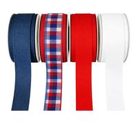 Meseey Wired Ribbon, 1 Inch, Gingham Plaid Buffalo Check, Polyester, 30 Feet, for Easter Spring Christmas Holiday Party Crafts (Red/White/Navy/RWBPlaid, 7/8 Inch)