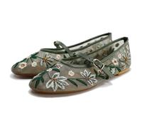 Mesh Ballet Flats for Women Embroidered Floral Mary Jane Flats Round Toe Slip On Ballerina Shoes Comfortable Casual Daily Dress Flat Shoes, Green, 5.5 UK