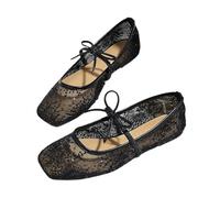 Mesh Ballet Flats for Women, Floral Embroidered Mary Jane Square Toe Lace Adjustable Strap Comfortable Breathable Shoes(Black,5.5 UK)