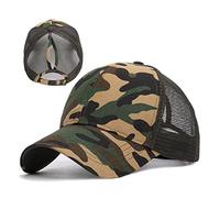 Mesh Baseball Cap for Women High Bun Ponytail Hat Camouflage Cap Trucker Hats Cotton Washed Sun Hat with Ponytail Hole (Green)