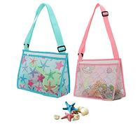 Mesh Beach Bag Seashell Beach Toy Bags Shell Collecting Totes Expandable Beach Sand Toy with Printing and Adjustable Carrying Straps (2pcs, Blue+Pink)