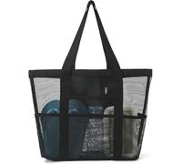 Mesh Beach Bags, Foldable Beach Bag For Women With Zip, Large Tote Waterproof Sandproof Pool Bag With Zipper, Black Lightweight Swimming Handbag For Gym School Shopping Travel Daily Use