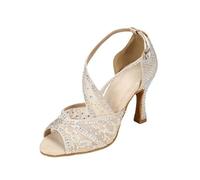 Mesh Breathable Latin Dance Shoes High Heel Diamond Sandals Indoor Soft Bottom Jazz Tango for Women(Beige,Heel 7.5CM_38)