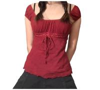 Mesh Crop Top Women's Short Sleeve Mesh Top Lace Shirt Short with Drawstring Oktoberfest Carnival Shirt with Square Neck Crop Shirt with Ruffles Sexy Crop Top, O Red, M