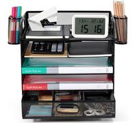 Mesh Desk Organiser with File Holder, 5-Tier Paper Letter Tray Organiser with Drawer and 2 Pen Holder Multifunctional Document Organiser Magazine Holder for Home Office Supplies