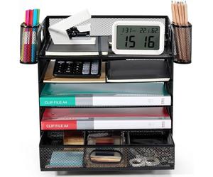Mesh Desk Organiser with File Holder, 5-Tier Paper Letter Tray Organiser with Drawer and 2 Pen Holder Multifunctional Document Organiser Magazine Holder for Home Office Supplies