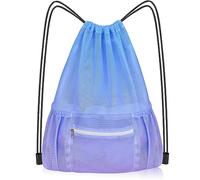 Mesh Drawstring Bag with Zipper Pocket, Beach Bag for Swimming Gear Backpack Gym Storage Bag for Adult Kids